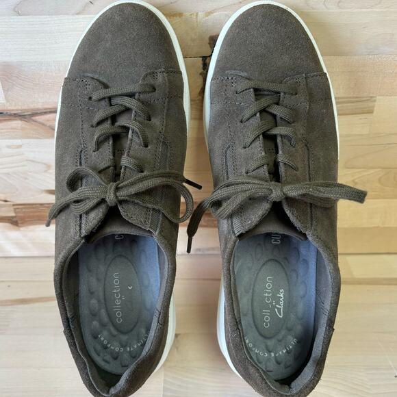 CLARKS Collection Olive Green Suede-Like Comfort Sneakers W8 - Picture 2 of 8